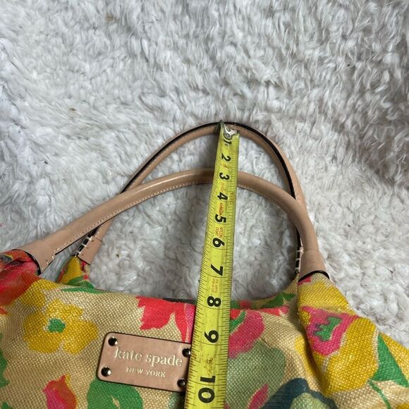 Kate Spade Burlap painted floral prints shoulder bag tan leather straps &trims - Picture 10 of 16